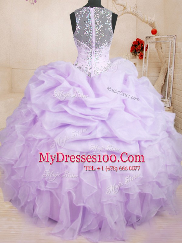 Floor Length Lavender 15th Birthday Dress Organza Sleeveless Beading and Ruffles and Pick Ups
