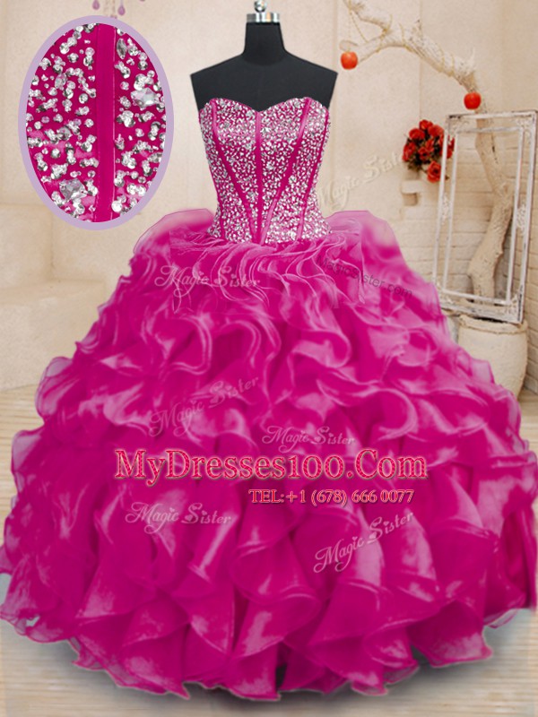 Luxury Sweetheart Sleeveless Quinceanera Dresses Floor Length Beading and Ruffles Fuchsia Organza