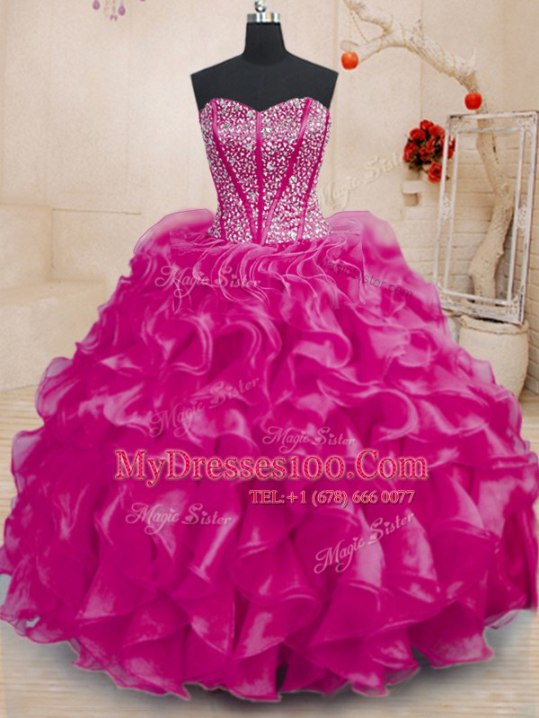Luxury Sweetheart Sleeveless Quinceanera Dresses Floor Length Beading and Ruffles Fuchsia Organza