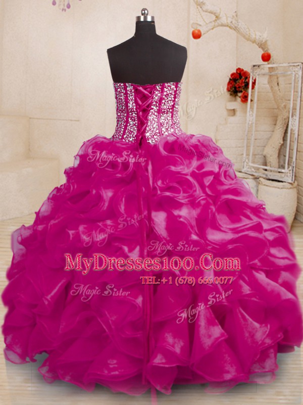Luxury Sweetheart Sleeveless Quinceanera Dresses Floor Length Beading and Ruffles Fuchsia Organza