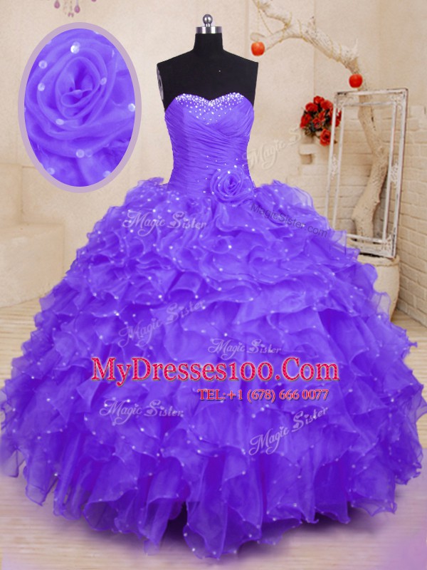 Purple Sweetheart Lace Up Beading and Ruffles and Hand Made Flower Vestidos de Quinceanera Sleeveless