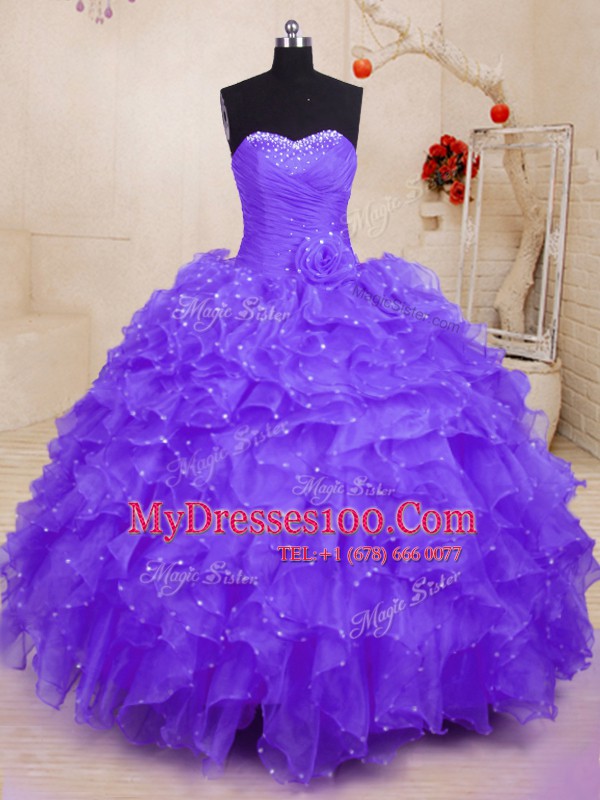 Purple Sweetheart Lace Up Beading and Ruffles and Hand Made Flower Vestidos de Quinceanera Sleeveless