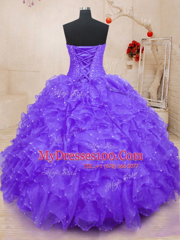 Purple Sweetheart Lace Up Beading and Ruffles and Hand Made Flower Vestidos de Quinceanera Sleeveless