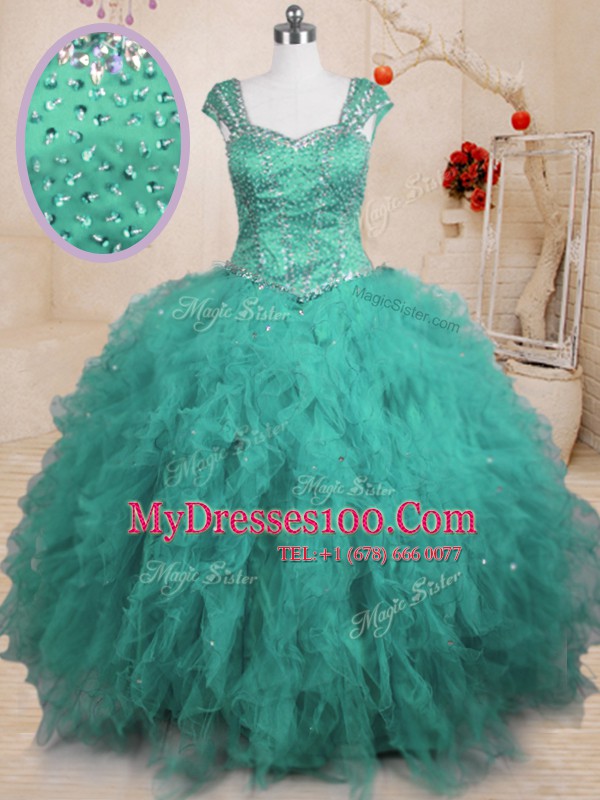 Gorgeous Floor Length Turquoise 15 Quinceanera Dress Tulle Cap Sleeves Beading and Ruffles