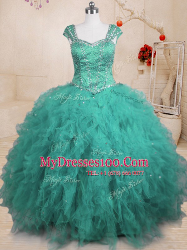 Gorgeous Floor Length Turquoise 15 Quinceanera Dress Tulle Cap Sleeves Beading and Ruffles