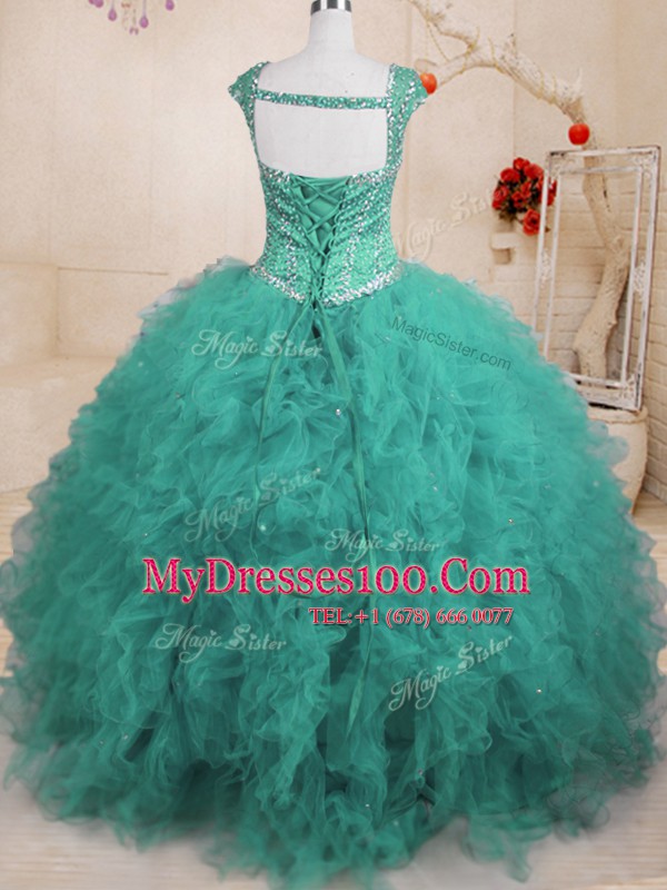 Gorgeous Floor Length Turquoise 15 Quinceanera Dress Tulle Cap Sleeves Beading and Ruffles