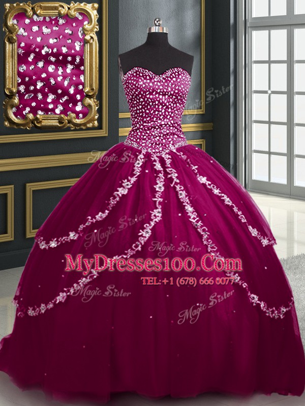 Customized Sleeveless With Train Beading and Appliques Lace Up Sweet 16 Dress with Burgundy and Fuchsia Brush Train