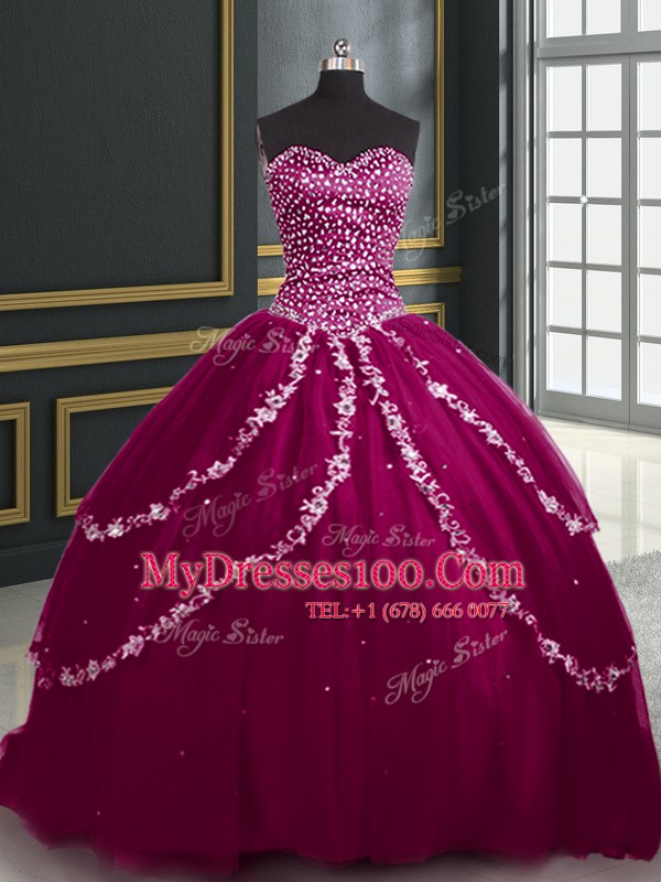 Customized Sleeveless With Train Beading and Appliques Lace Up Sweet 16 Dress with Burgundy and Fuchsia Brush Train