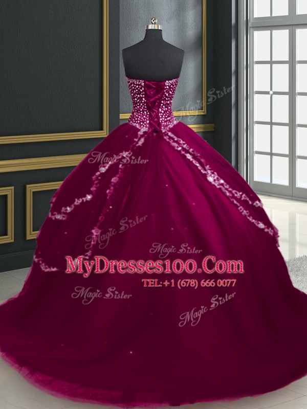 Customized Sleeveless With Train Beading and Appliques Lace Up Sweet 16 Dress with Burgundy and Fuchsia Brush Train