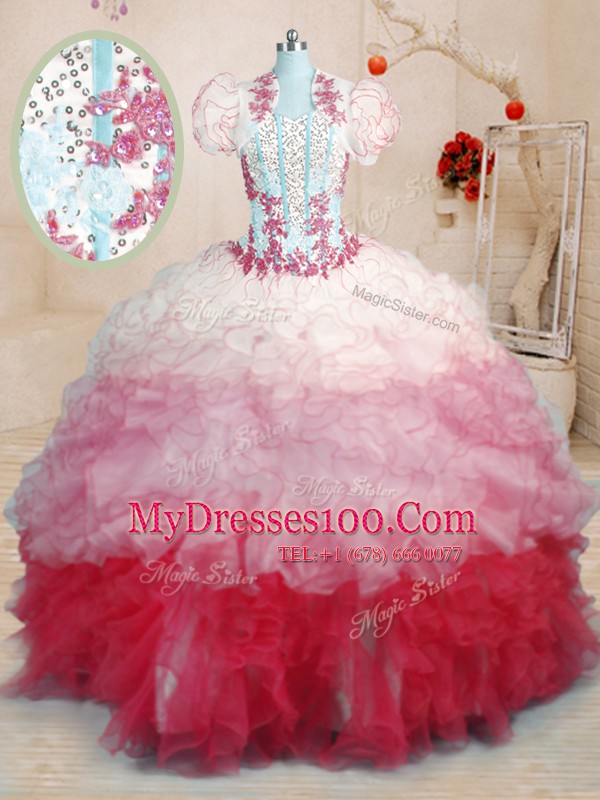 Organza Sweetheart Sleeveless Brush Train Lace Up Beading and Appliques and Ruffles Ball Gown Prom Dress in Multi-color