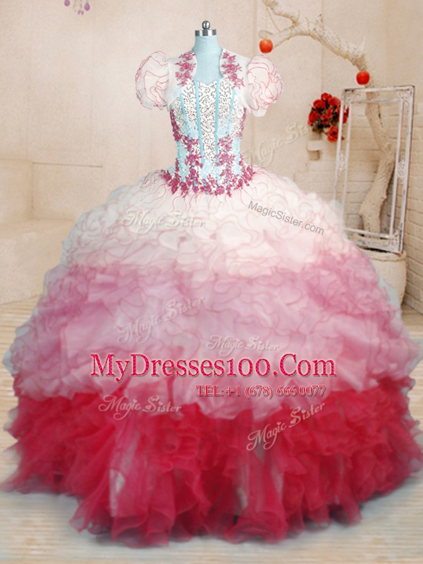 Organza Sweetheart Sleeveless Brush Train Lace Up Beading and Appliques and Ruffles Ball Gown Prom Dress in Multi-color