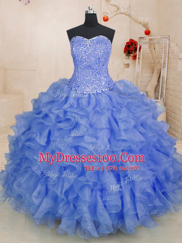 Hot Selling Floor Length Lace Up Sweet 16 Dresses Blue for Military Ball and Sweet 16 and Quinceanera with Beading and Ruffles