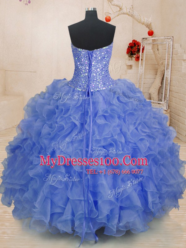 Hot Selling Floor Length Lace Up Sweet 16 Dresses Blue for Military Ball and Sweet 16 and Quinceanera with Beading and Ruffles