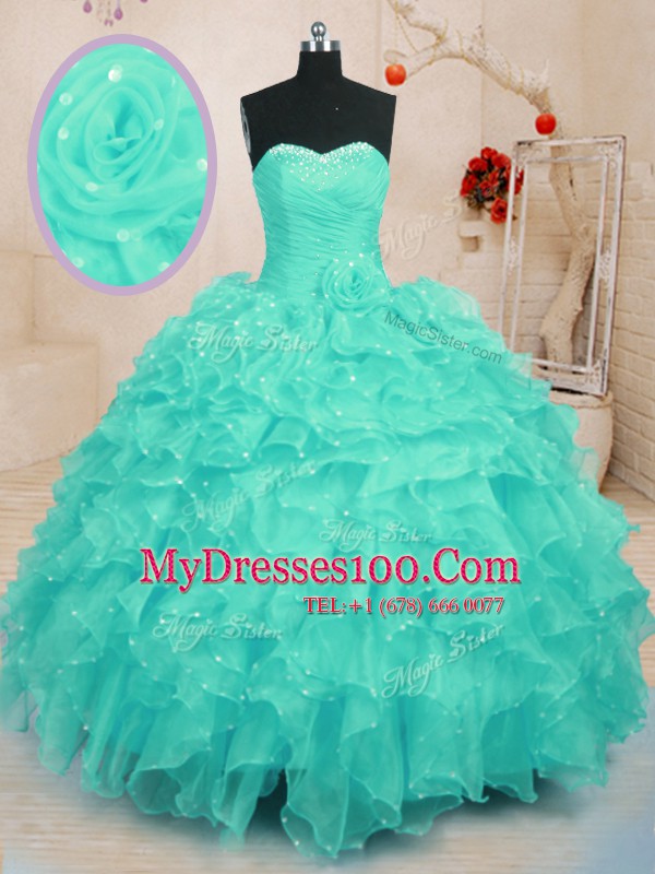 Charming Organza Sweetheart Sleeveless Lace Up Beading and Ruffles and Hand Made Flower 15 Quinceanera Dress in Turquoise