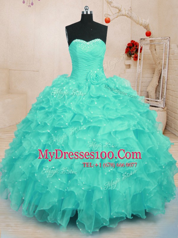Charming Organza Sweetheart Sleeveless Lace Up Beading and Ruffles and Hand Made Flower 15 Quinceanera Dress in Turquoise