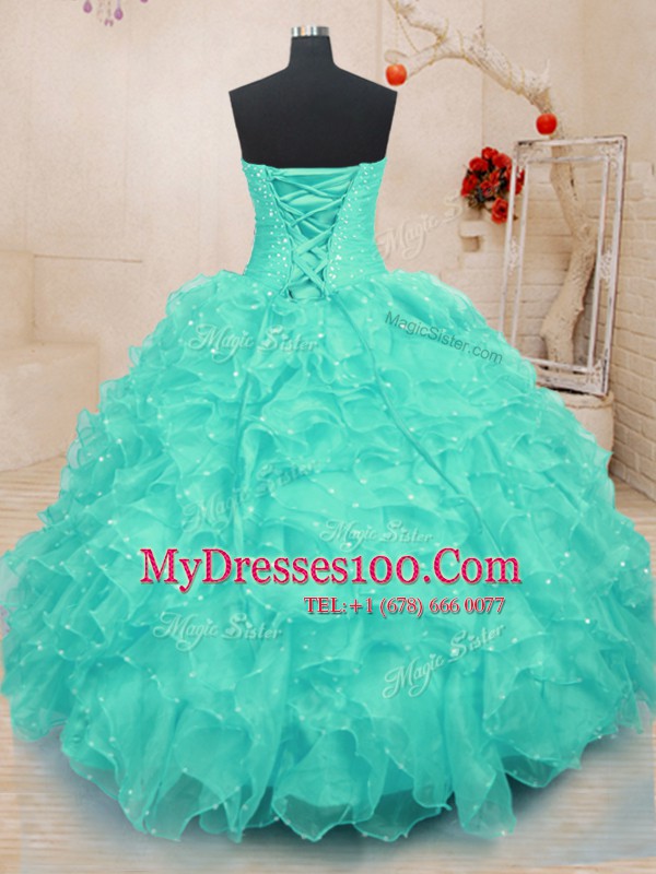 Charming Organza Sweetheart Sleeveless Lace Up Beading and Ruffles and Hand Made Flower 15 Quinceanera Dress in Turquoise