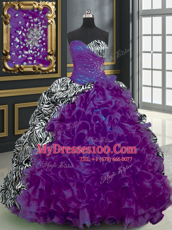 Superior Printed Sleeveless With Train Beading and Ruffles and Pattern Lace Up Quince Ball Gowns with Purple Brush Train