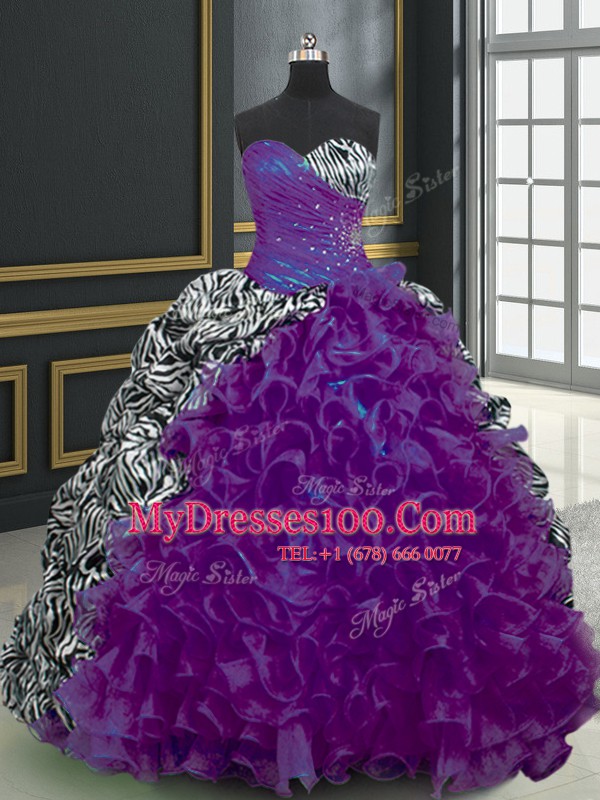 Superior Printed Sleeveless With Train Beading and Ruffles and Pattern Lace Up Quince Ball Gowns with Purple Brush Train