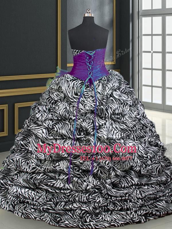 Superior Printed Sleeveless With Train Beading and Ruffles and Pattern Lace Up Quince Ball Gowns with Purple Brush Train