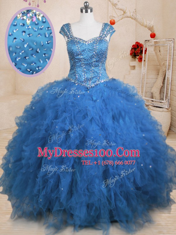 Top Selling Floor Length Teal Ball Gown Prom Dress Tulle Cap Sleeves Beading and Ruffles and Sequins