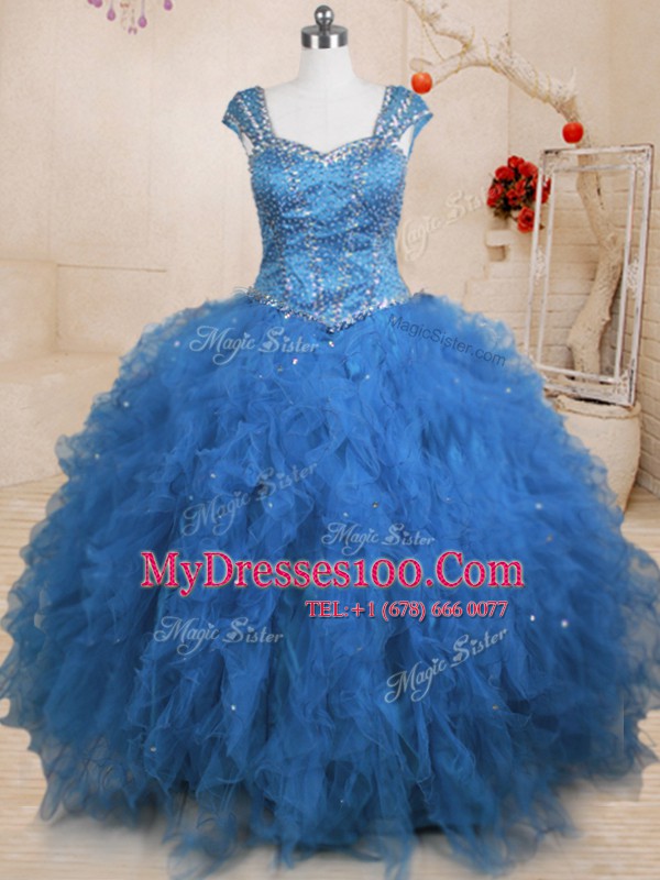 Top Selling Floor Length Teal Ball Gown Prom Dress Tulle Cap Sleeves Beading and Ruffles and Sequins