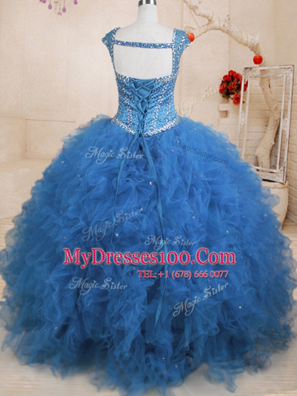 Top Selling Floor Length Teal Ball Gown Prom Dress Tulle Cap Sleeves Beading and Ruffles and Sequins