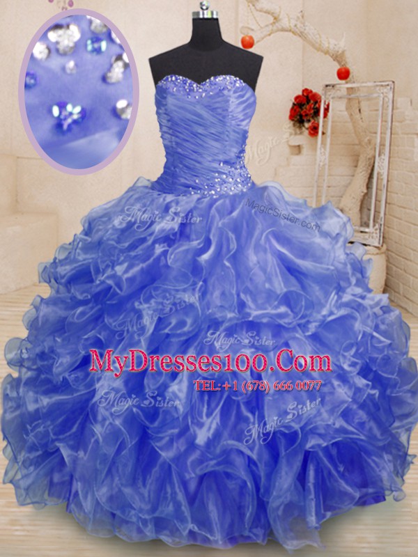 Blue Ball Gowns Organza Sweetheart Sleeveless Beading and Ruffles Floor Length Lace Up Quince Ball Gowns
