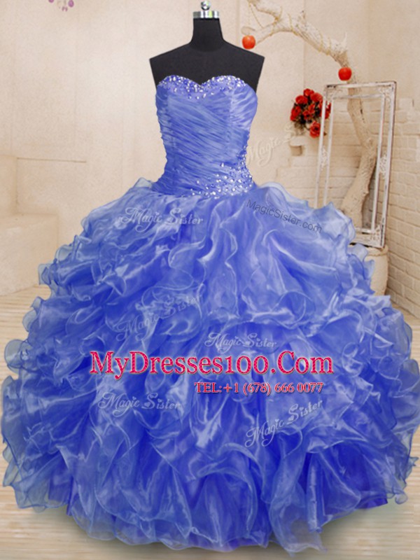 Blue Ball Gowns Organza Sweetheart Sleeveless Beading and Ruffles Floor Length Lace Up Quince Ball Gowns