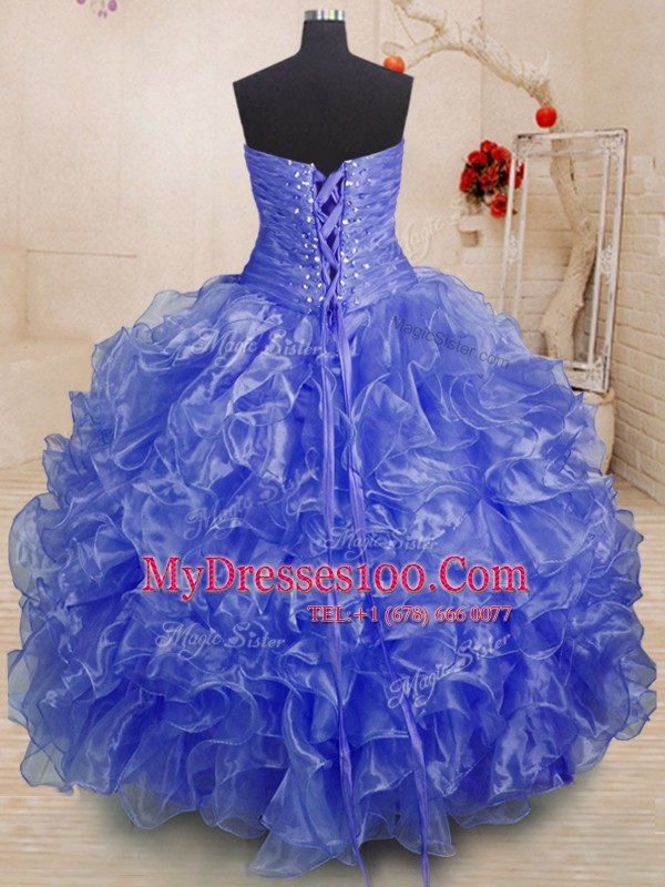 Blue Ball Gowns Organza Sweetheart Sleeveless Beading and Ruffles Floor Length Lace Up Quince Ball Gowns