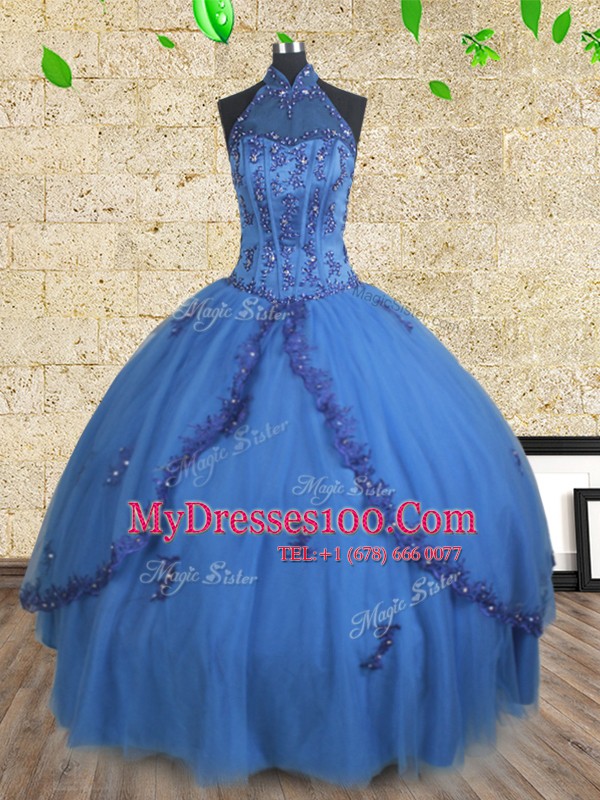 Blue Lace Up Halter Top Beading 15th Birthday Dress Tulle Sleeveless