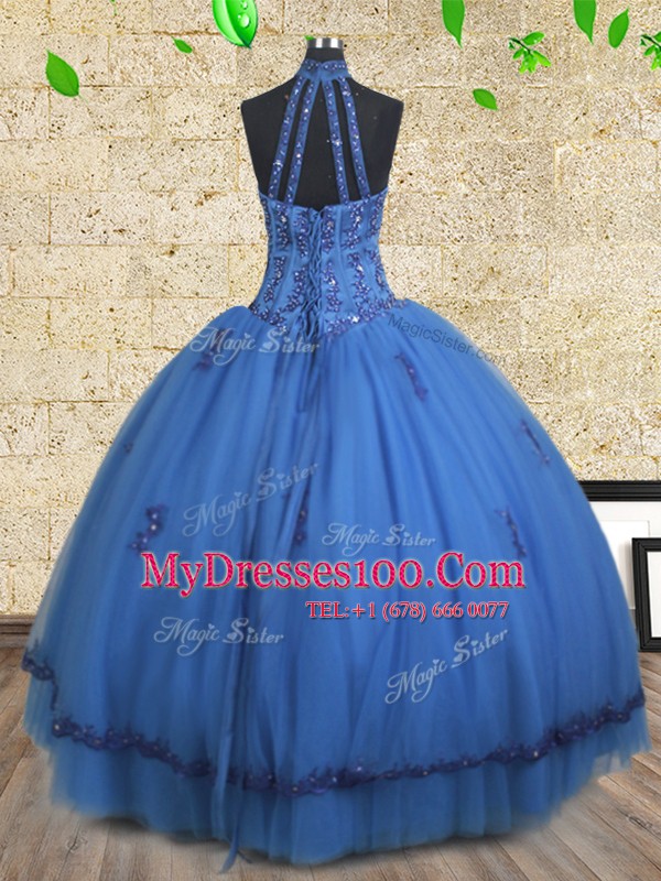 Blue Lace Up Halter Top Beading 15th Birthday Dress Tulle Sleeveless