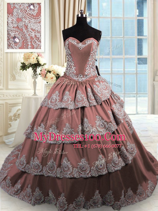 Luxury With Train Brown Sweet 16 Dresses Taffeta Court Train Sleeveless Beading and Appliques and Ruffled Layers