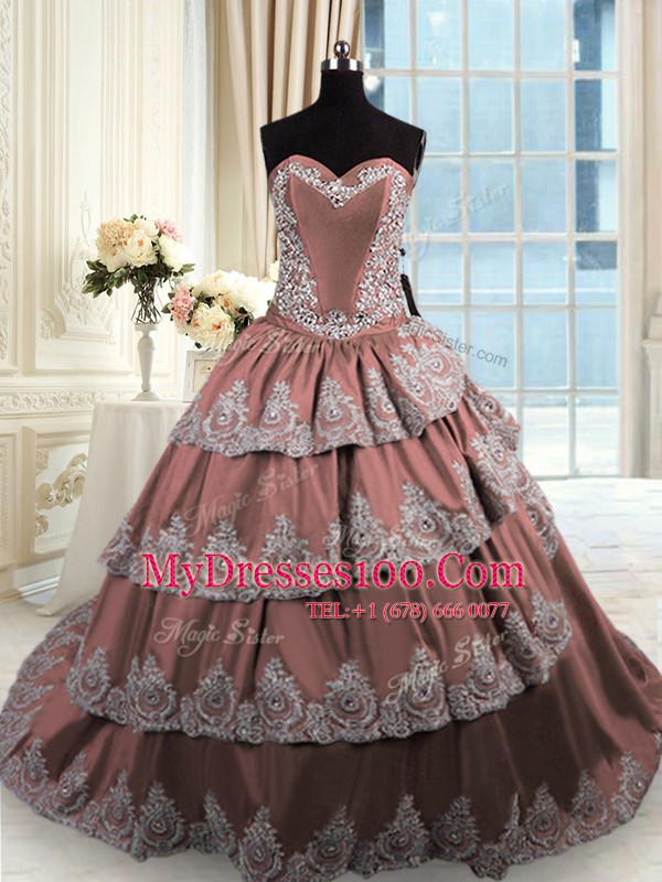 Luxury With Train Brown Sweet 16 Dresses Taffeta Court Train Sleeveless Beading and Appliques and Ruffled Layers