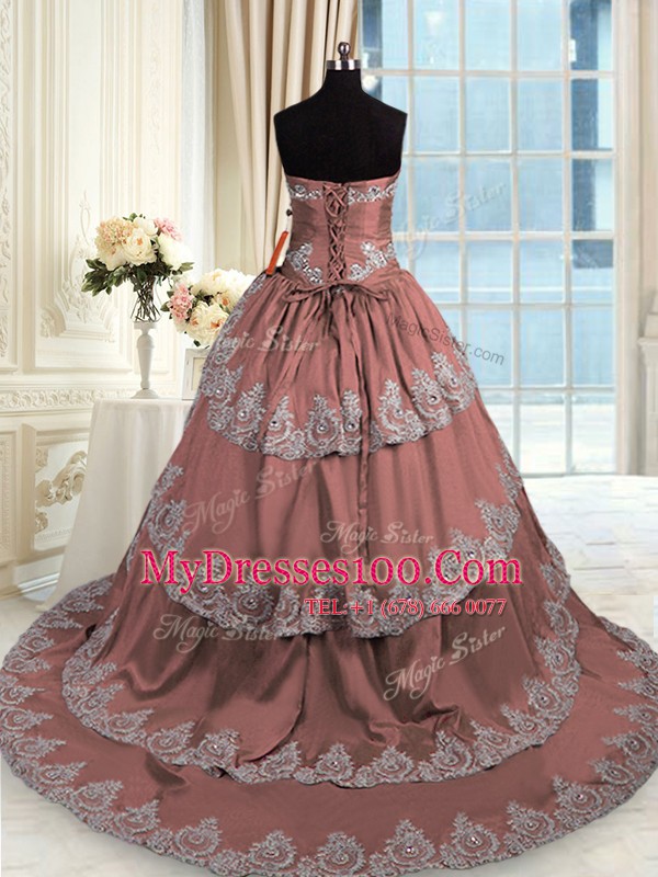 Luxury With Train Brown Sweet 16 Dresses Taffeta Court Train Sleeveless Beading and Appliques and Ruffled Layers