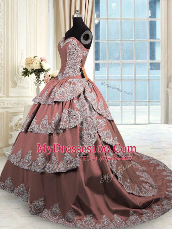 Luxury With Train Brown Sweet 16 Dresses Taffeta Court Train Sleeveless Beading and Appliques and Ruffled Layers