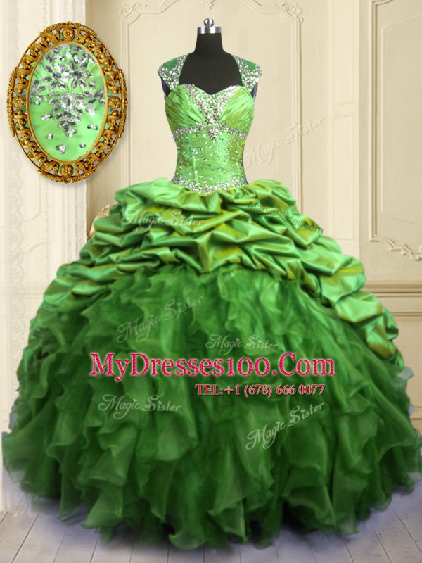 Flare Ball Gowns Beading and Ruffles and Pick Ups Ball Gown Prom Dress Lace Up Organza and Taffeta Cap Sleeves Floor Length