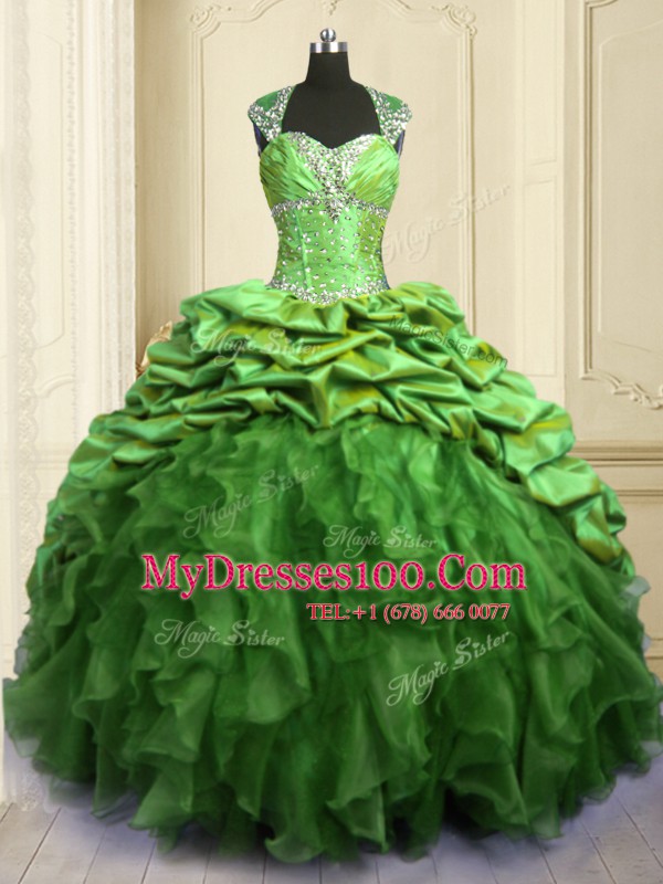 Flare Ball Gowns Beading and Ruffles and Pick Ups Ball Gown Prom Dress Lace Up Organza and Taffeta Cap Sleeves Floor Length