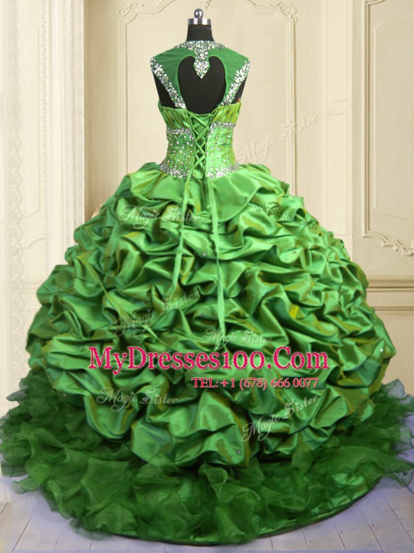 Flare Ball Gowns Beading and Ruffles and Pick Ups Ball Gown Prom Dress Lace Up Organza and Taffeta Cap Sleeves Floor Length