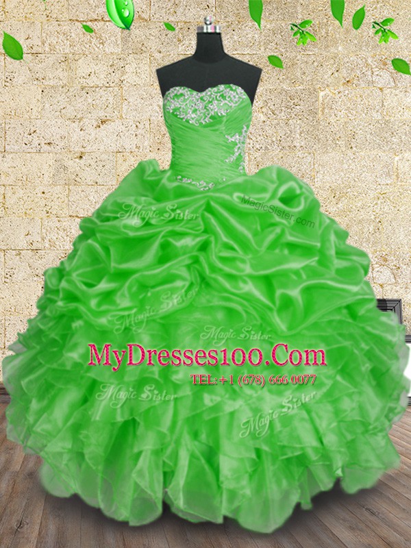 Sumptuous Green Ball Gowns Beading and Appliques and Ruffles and Ruching 15th Birthday Dress Lace Up Organza Sleeveless Floor Length