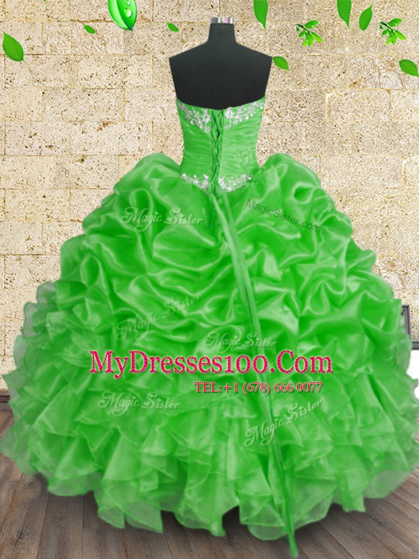 Sumptuous Green Ball Gowns Beading and Appliques and Ruffles and Ruching 15th Birthday Dress Lace Up Organza Sleeveless Floor Length