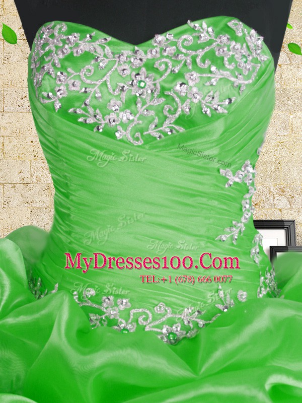 Sumptuous Green Ball Gowns Beading and Appliques and Ruffles and Ruching 15th Birthday Dress Lace Up Organza Sleeveless Floor Length