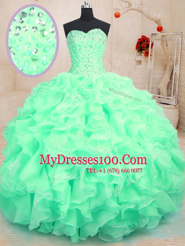 New Arrival Sweetheart Sleeveless 15th Birthday Dress Floor Length Beading and Ruffles Apple Green Organza