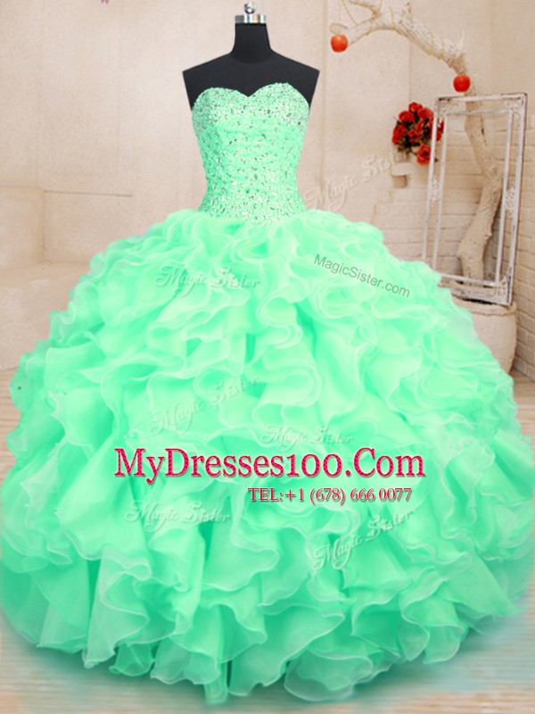 New Arrival Sweetheart Sleeveless 15th Birthday Dress Floor Length Beading and Ruffles Apple Green Organza