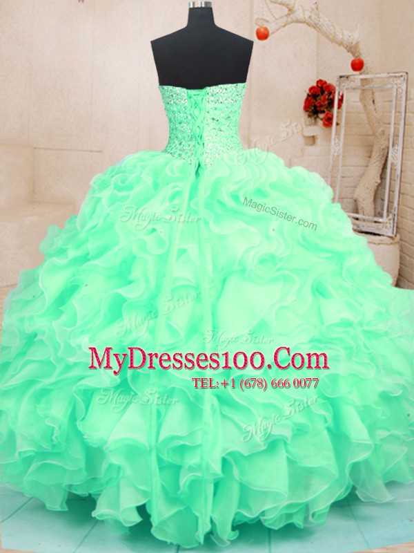 New Arrival Sweetheart Sleeveless 15th Birthday Dress Floor Length Beading and Ruffles Apple Green Organza