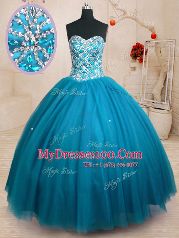 Pretty Floor Length Lace Up Quinceanera Dress Teal for Military Ball and Sweet 16 and Quinceanera with Beading
