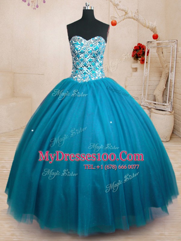 Pretty Floor Length Lace Up Quinceanera Dress Teal for Military Ball and Sweet 16 and Quinceanera with Beading