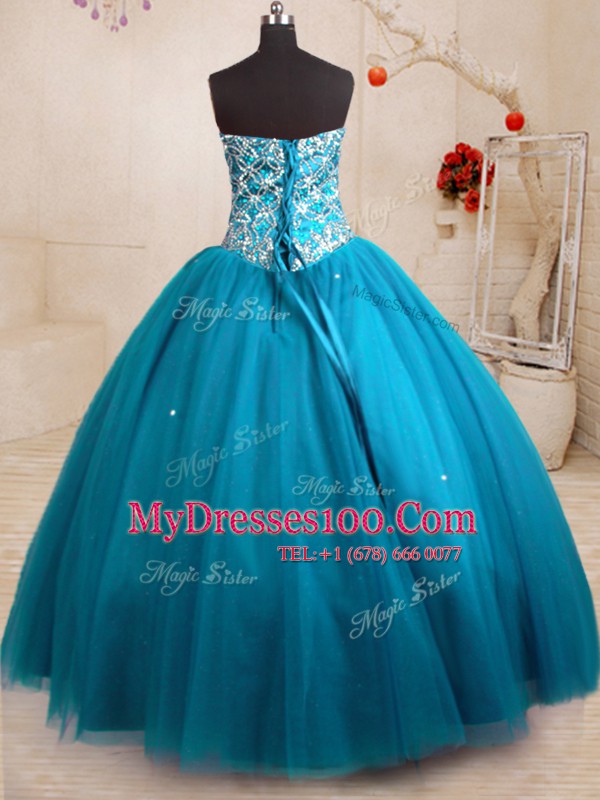 Pretty Floor Length Lace Up Quinceanera Dress Teal for Military Ball and Sweet 16 and Quinceanera with Beading