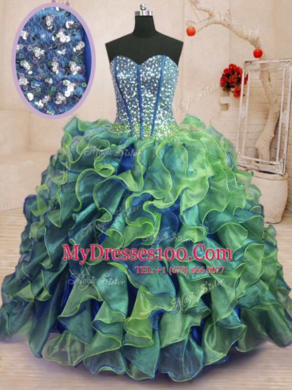Custom Fit Multi-color Sweet 16 Dress Military Ball and Sweet 16 and Quinceanera and For with Beading and Ruffles Sweetheart Sleeveless Lace Up