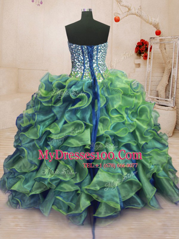 Custom Fit Multi-color Sweet 16 Dress Military Ball and Sweet 16 and Quinceanera and For with Beading and Ruffles Sweetheart Sleeveless Lace Up