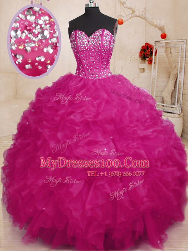 Fitting Floor Length Ball Gowns Sleeveless Fuchsia 15th Birthday Dress Lace Up